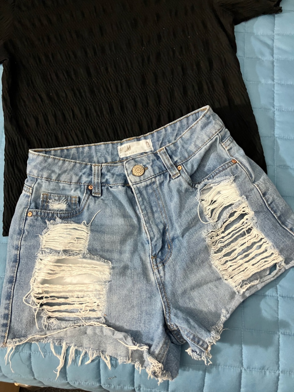 Light Blue Distressed High-Waist Jean Shorts